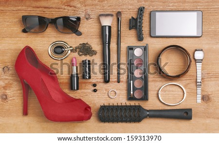 Still life of fashion woman./ Overhead of essentials fashion woman objects.  Royalty-Free Stock Photo #159313970