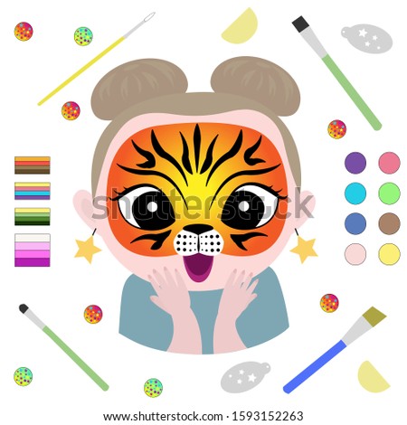 A vector illustration of cute cartoon girl having his face painted as a tiger. Cover with professional materials for face painting. Vector. Isolate white background.