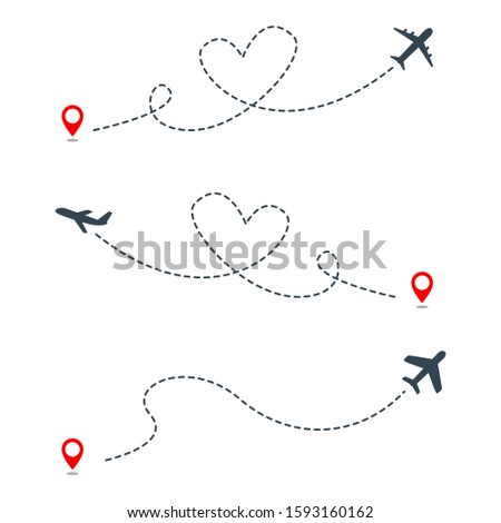 Airplane line path vector icon of air plane flight route with start point and dash line isolated on white background. Suitable for trip and travel template. Vector Illustration