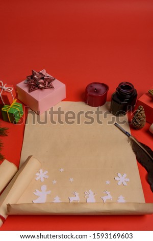 Empty letter for Santa Claus. Copy space. Red background