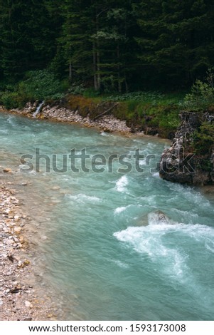 The incredibly beautiful river of turquoise color, with pine forest, summer day. vertical photo. Dolomites mountains, Camping Olympia Fiames, Cortina Ampezzo Italy.