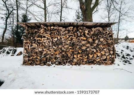Firewood storage for stove heating under a canopy outside in a snowy winter place. Woodpile