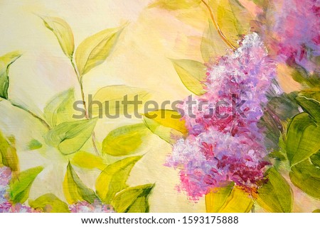 Thickets of lilac bush at sunrise. Sunset. Oil painting on canvas