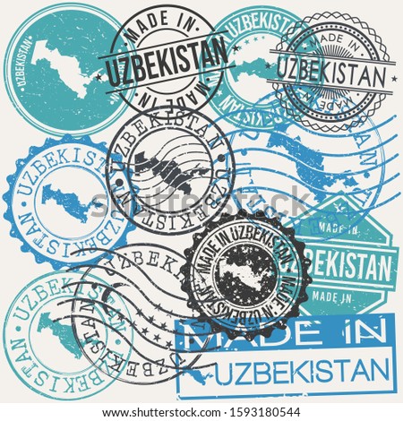 Uzbekistan Set of Stamps. Travel Passport Stamp. Made In Product. Design Seals Old Style Insignia. Icon Clip Art Vector.