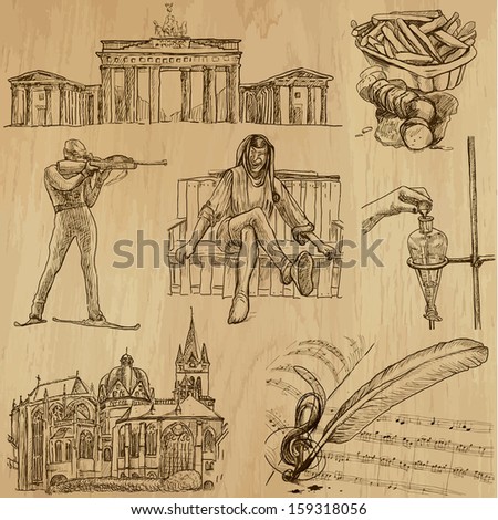 Traveling series: GERMANY (set no.2) - Collection of hand drawn illustrations (originals, no tracing). Description: Each drawing comprises two layers of outlines, the colored background is isolated.