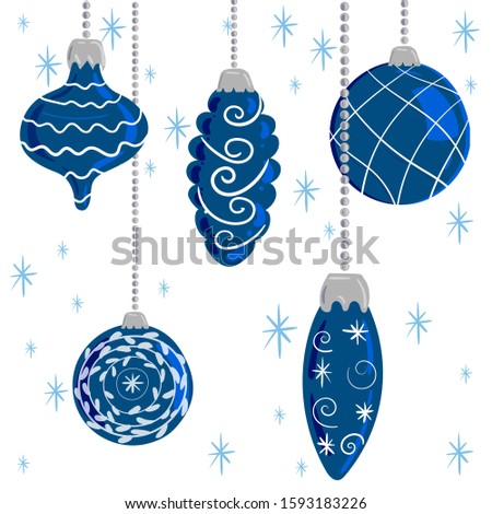 Set of classic blue Christmas tree toys. Cartoon vector christmas illustration on the white background. Elements for the design of holiday gifts. Vector illustration EPS 10