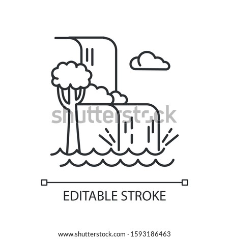 Waterfall landscape linear icon. Vacation to Indonesia. Tropical jungle rivers. Water cascade in rainforest. Thin line illustration. Contour symbol. Vector isolated outline drawing. Editable stroke Royalty-Free Stock Photo #1593186463