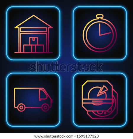 Set line Pizza in cardboard box , Delivery cargo truck vehicle , Warehouse  and Stopwatch . Gradient color icons. Vector