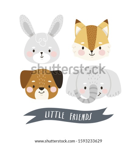 Set of little cartoon elephant, fox, puppy and bunny characters. Vector illustration set of baby animals for nursery room decor, posters, greeting cards and party invitations