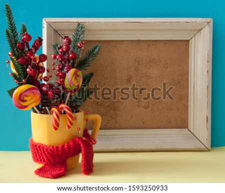 Christmas decoration with wooden picture frame on white background. Winter holidays, add your own image or writing text
