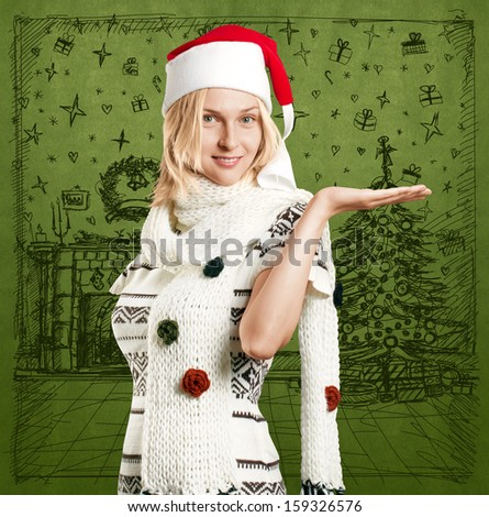 Woman with Santa hat against sketch background waiting for Christmas