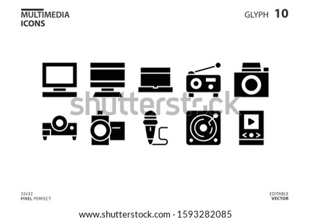 10 Icon collection of Multimedia in glyph style. vector illustration and editable stroke. Isolated on white background.