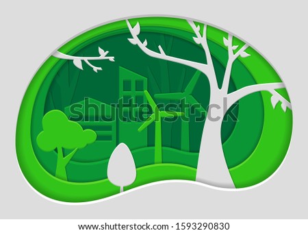 Eco friendly concept with city and nature. Paper cut style vector illustration