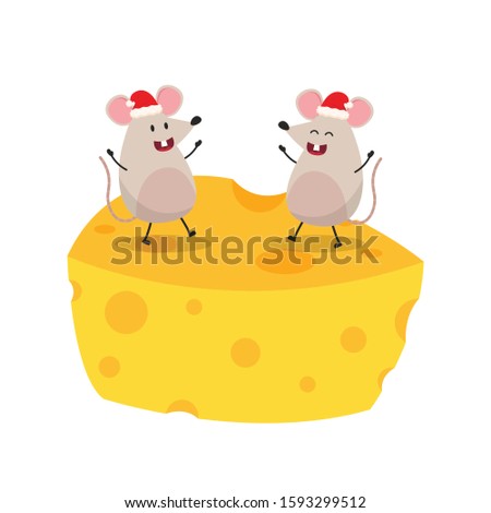 Rat character design. wallpaper. free space for text. Rat and cheese vector. Rat wearing a Santa hat.