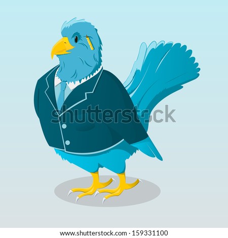 Cute, funny, cartoon, blue bird character, in blue jacket with pencil on gradient background. Vector illustration. Looks like officiant, teacher, doctor or stuart.