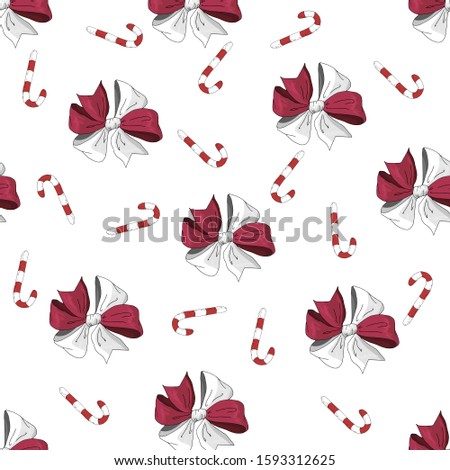 Christmas background. Vector decoration. Seamless pattern with ribbons and sweets.