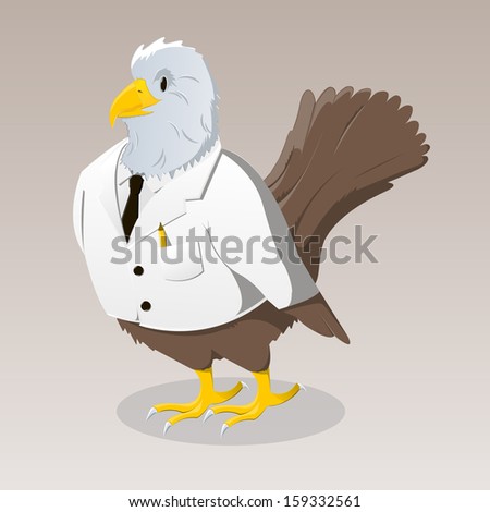 Cute, funny, cartoon, grey and brown bird character, in white jacket with pencil on gradient background. Raster copy. Looks like officiant, teacher, doctor or stuart.