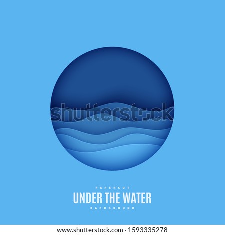 View of the underwater world through the porthole of a submarine in paper cut style. Vector papercut wave in round frame. Paper craft underwater ocean diving concept deep blue bottom. World Ocean Day. Royalty-Free Stock Photo #1593335278
