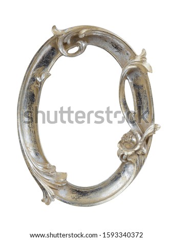 Vintage retro oval gray metal frame with patina for photo or mirror. Isolated on white background