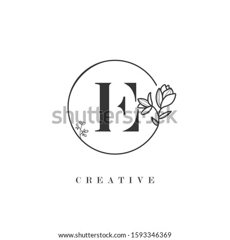 Creative initial letter E logo with circle hand drawn flower element. design vector illustration symbol template