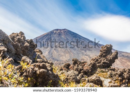 Panoramic picture of Mount Ngauruhoe in the Tongariro National Park on northern island of New Zealand in summer