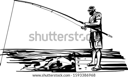 the vector sketch of the fisherman on the coast fishing