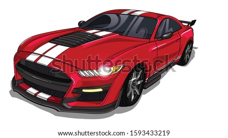 Illustration of red  sport car Mustang with two white strips on car hood . All illustrations are easy to use,editable and layered. Vector detailed muscle car isolated on white background