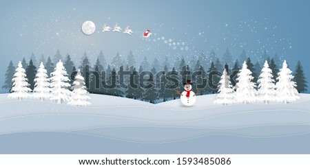 Paper art , cut and digital craft style of Santa Claus on Sleigh and Reindeer with deers in the merry christmas night and  happy new year as holiday and x'mas day concept.