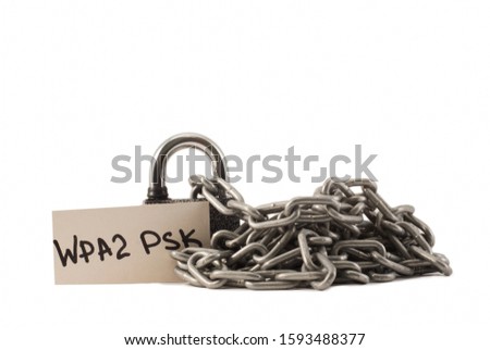 padlock on a white background. The lock is locked. The chain is metal.