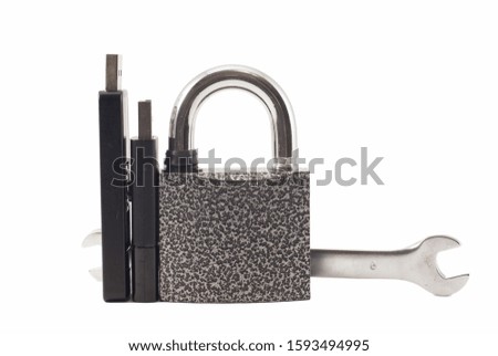 Metal lock, hard drive and flash drive. Security.