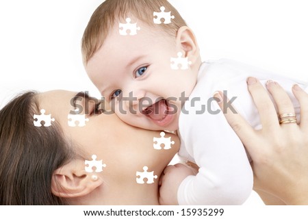 puzzle picture of happy mother with baby over white