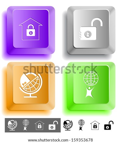 Business icon set. Little man with globe, globe and lock, bank, opened lock. Computer keys. Raster illustration.