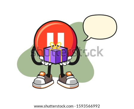 Pause button give a gift with speech bubble cartoon. Mascot Character vector.