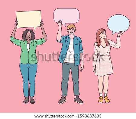 People of various races are holding speech bubbles. hand drawn style vector design illustrations. 