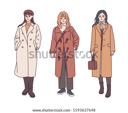 Women wearing long brown coats. Autumn fashion. hand drawn style vector design illustrations. 