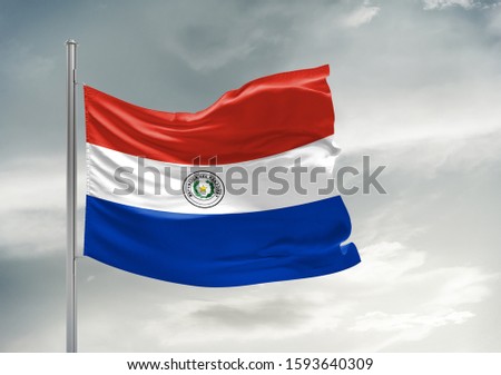 Paraguay national flag cloth fabric waving on beautiful grey sky.