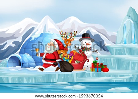Christmas scene with Santa and snowman illustration