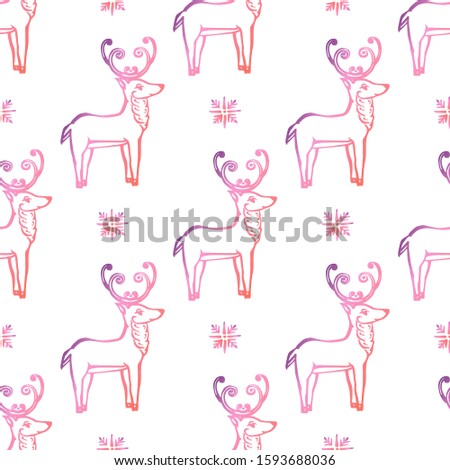 Seamless pattern with hand drawn Christmas deer on white background. Gradient from coral and deep violet. Suitable for packaging, wrappers, fabric design