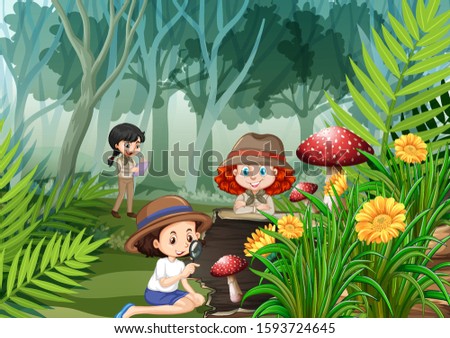 Many kids observing nature in the park illustration