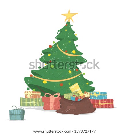 Beautiful Christmas Tree Decorated with Balls, Garlands and Star on Top with Different Wrapped Gift Boxes Lying in Huge Sack Isolated on White Background. Cartoon Flat Illustration, Clip Art