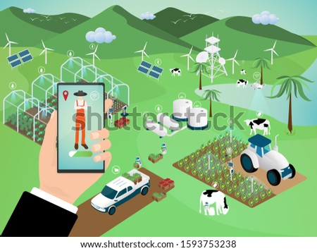 Modern agriculture technology. Smart farming concept. Hand holding smartphone, Human with wireless remote control. Artificial intelligence working on farm. Vector illustration in isometric design. Royalty-Free Stock Photo #1593753238