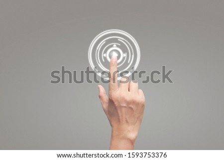 Hands touching button screen interface global connection customer networking data exchanges