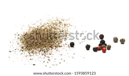 Colorful mixed pepper grains with crushed flakes, isolated on white background