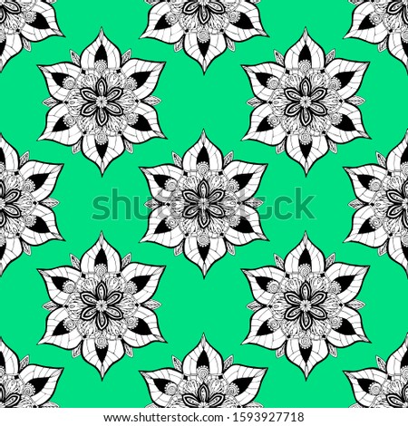 Black white seamless australian ethnic, aboriginal dots ethnic style pattern. Abstract mandala with dots background, hand-drawn on a green background.