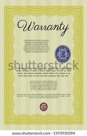 Yellow Vintage Warranty template. Printer friendly. Detailed. Beauty design. 