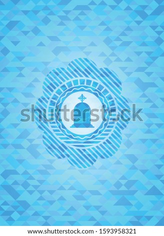 tombstone icon inside sky blue emblem with mosaic ecological style background