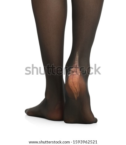 Woman wearing torn tights on white background, closeup
