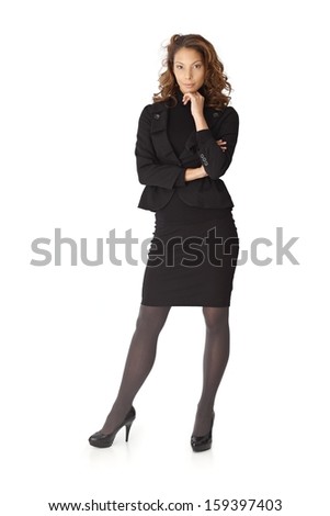 Full size portrait of attractive businesswoman over white background.