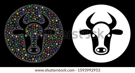 Glossy mesh bull head icon with glitter effect. Abstract illuminated model of bull head. Shiny wire frame polygonal network bull head icon. Vector abstraction on a black background.