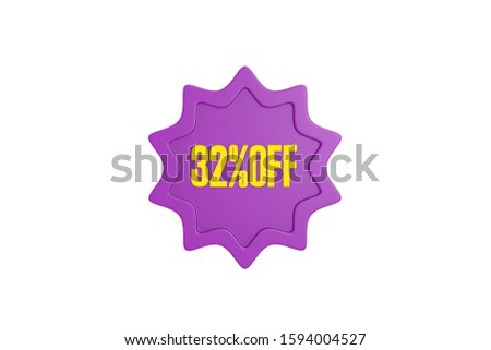 32 percent off 3d sign in yellow color with purple isolated on white background, 3d illustration.